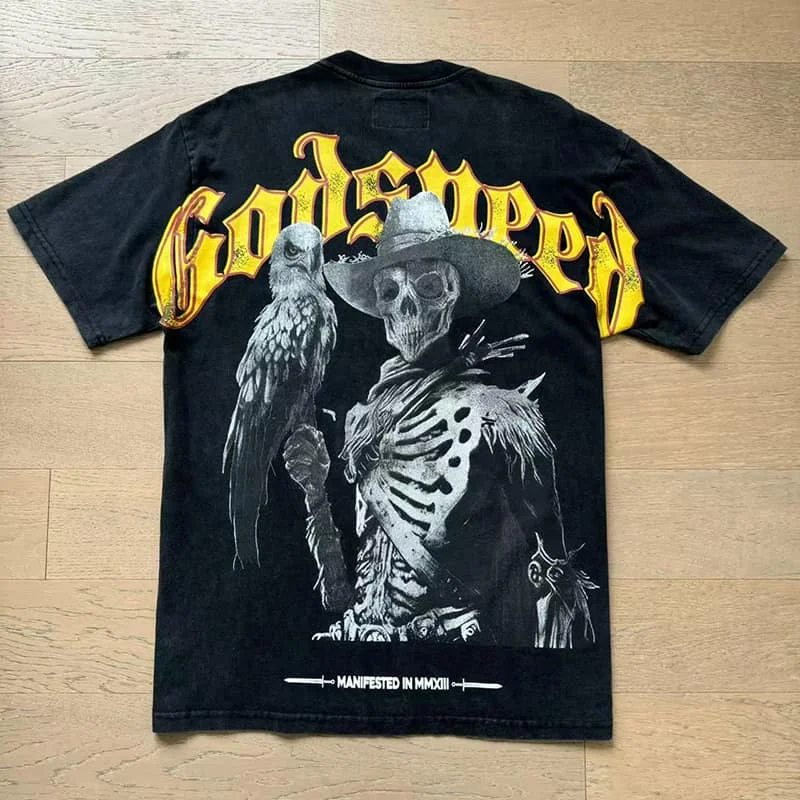 

Godspeed Short Sleeve T Shirt Skeleton Print Men's Street Cool Hip Hop Style Clothes GOD SPEED Top Tees