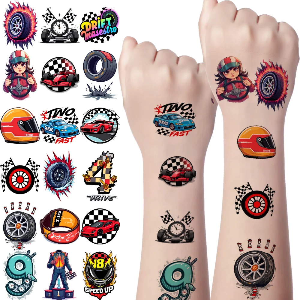 

63pcs Temporary Tattoo Checkered Flag Cartoon Wrench Race Track Temporary Tattoo Stickers Helmet For Adults Men Boys
