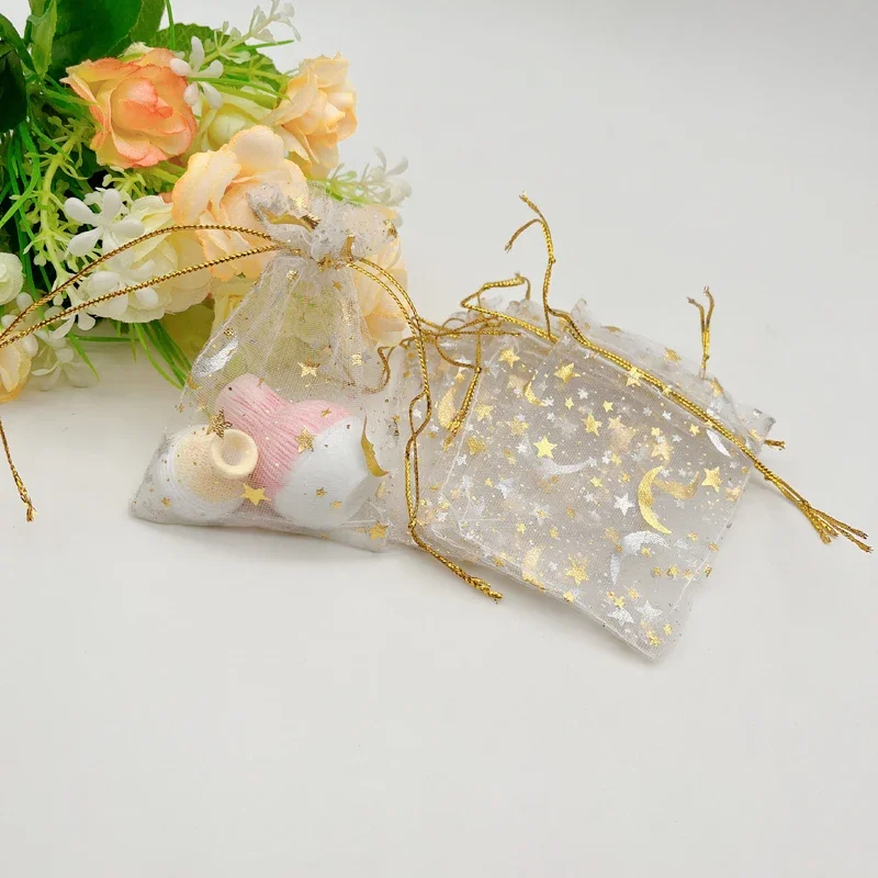 Moon Stars Organza Gift Bags, Wedding Packaging, Jewelry Storage Bags, Small Drawstring Pouch, Gold, White, 500Pcs