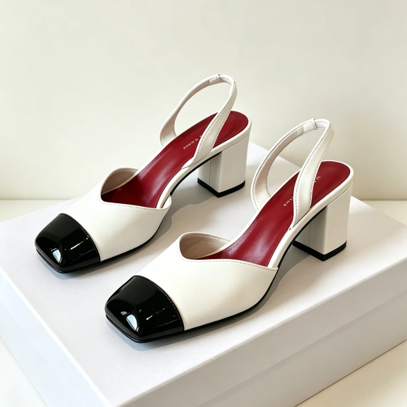 Fashion Brand Chunky Heels Slingback Shoes Women Square Toe Pumps High Heels Dress Shoes Hollow Designer Elegant Mary Jane Shoes