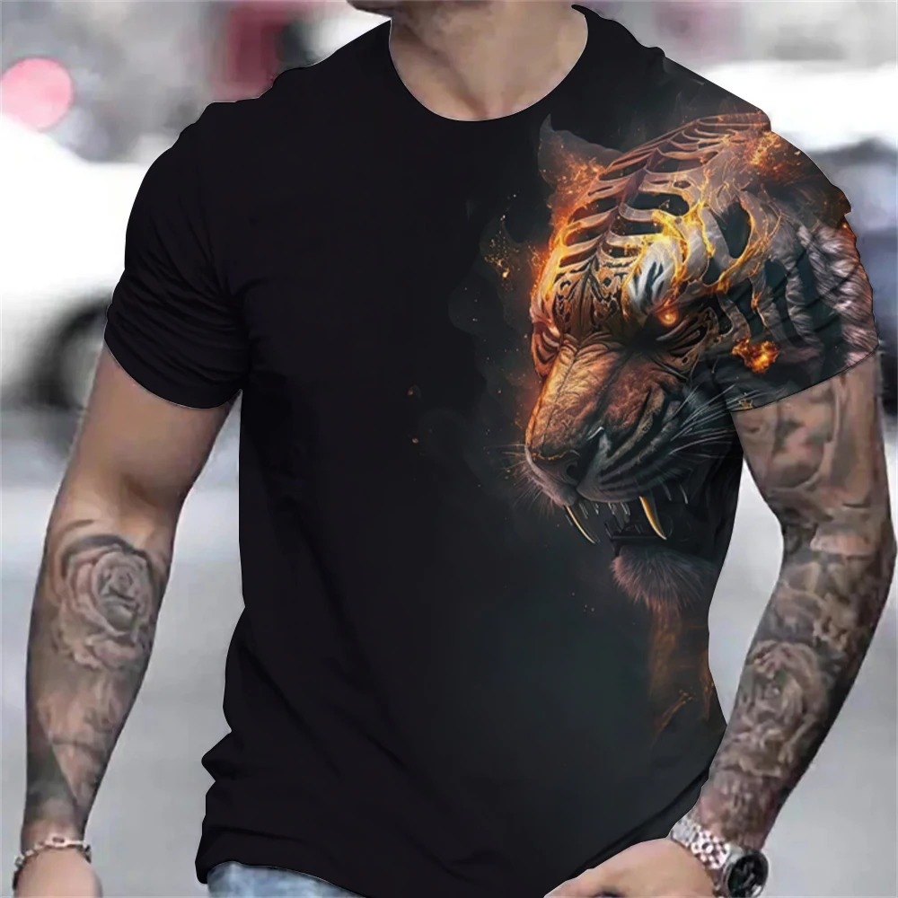 Tiger Print T-Shirt 3D Animal Men\'s Shirts Summer Short Sleeved Male Pullover Oversized Tops Tees Men Clothing