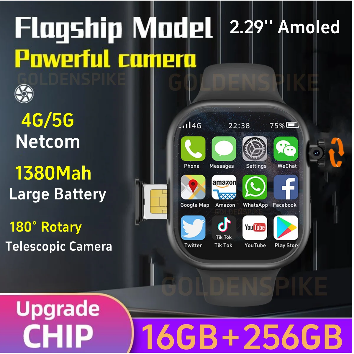 

VP10 Smart Watch Android 10.0 2.26 inch Amoled Smartwatch With Sim Card 180° Rotating Camera GPS WIFI Google Play 128GB Storage