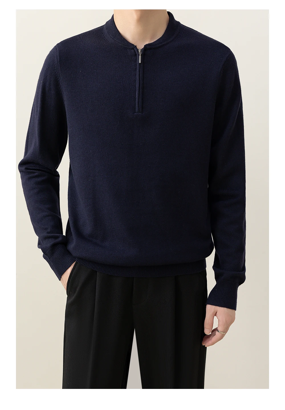 Autumn Winter Commuting Style Men's Black Off-White Half-Zip Turn-Down Collar Sweater Business Casual Navy Blue Coffee Sweater