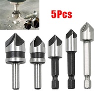 5pcs 5 Flute HSS Countersink Drill Bits Set 82 Degree 1/4 Hex/Round Shank Chamfering Bits Woodwork Power Tools