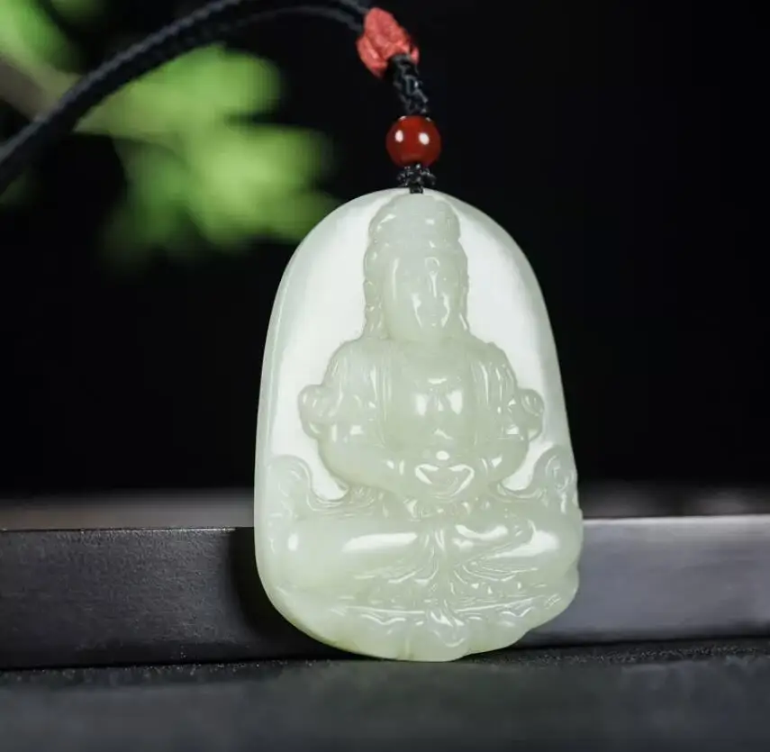 

Natural Light Green HeTian Jade jadeite Hand-Carved pendant Avalokitesvara