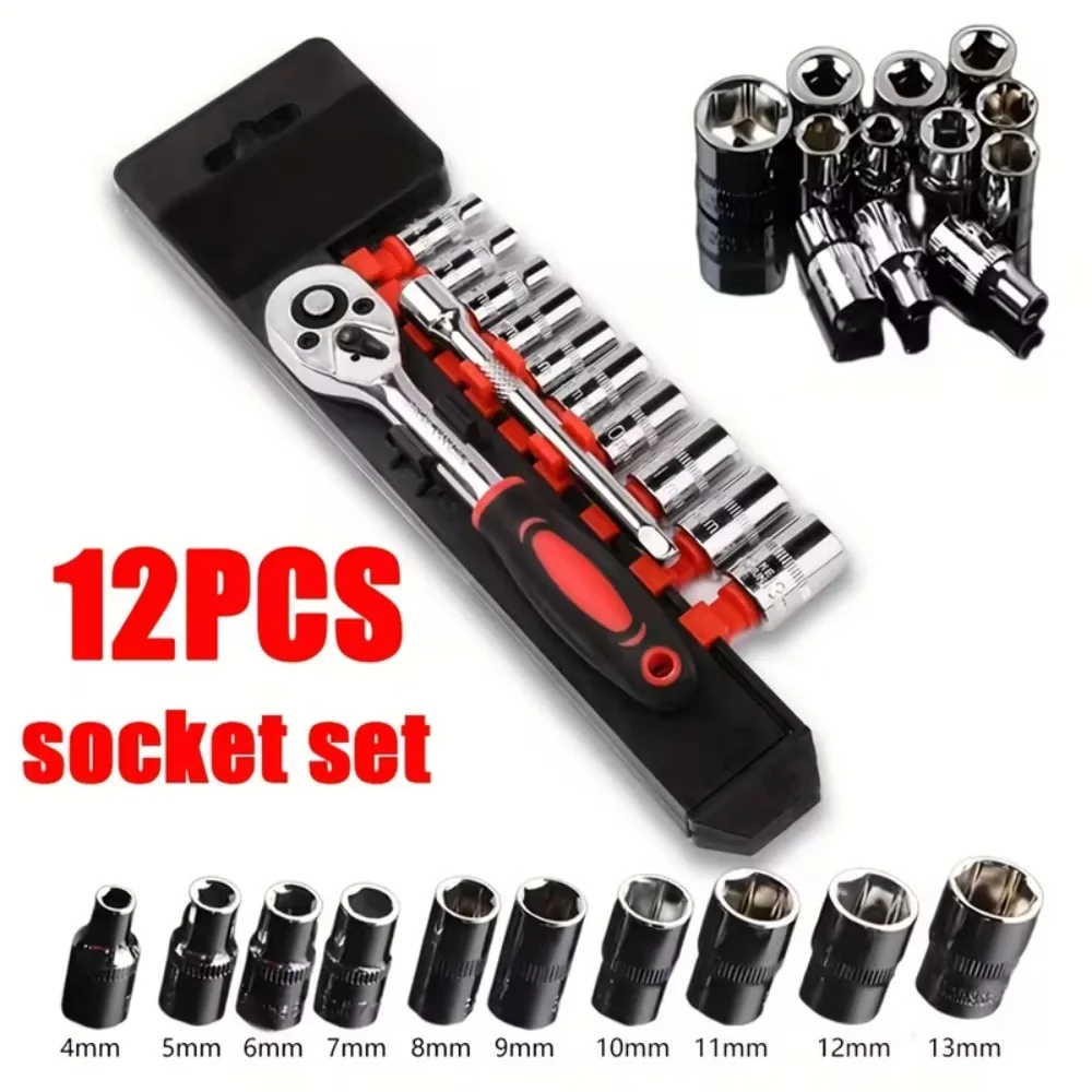 

1/4 Inch Socket Wrench Set 12PCS with Ratchet Handle Extension Rod for Car Bike Repair Tool