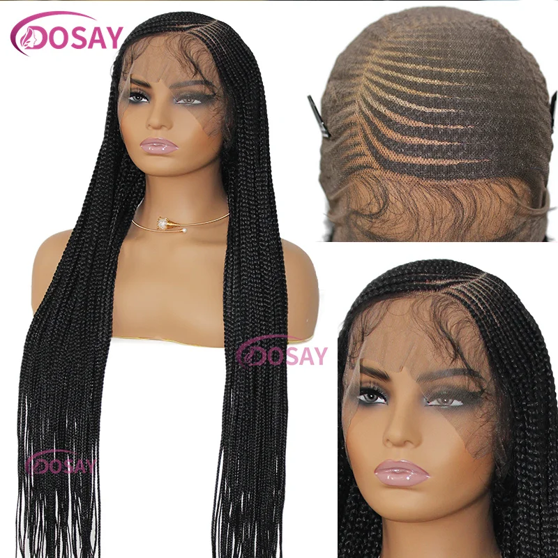 Dosay-peruca sintética trançada sem nós, 360 Full Lace, Afro Side Parte Trança, Lace Frontal Perucas, Pré-Arrancadas Cabelo Do Bebê, Deusa, 36"