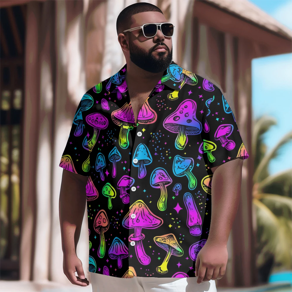 

New Hawaiian Shirt Men Goth Men Colorful Cartoon Mushroom Printed Casual Short Sleeve Tops Vintage Plus Size Summer Shirts