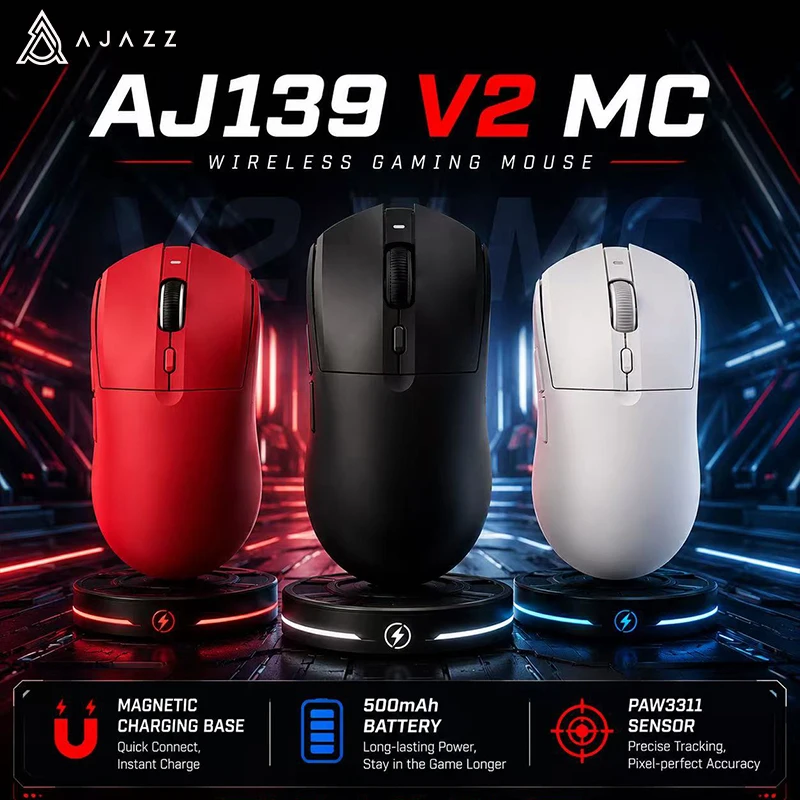 AJAZZ AJ139 V2 MC Wireless Gaming Mouse, 24K DPI PAW3311, Ergonomic, Lightweight Tri-Mode Bluetooth 2.4GHz USB, for PC/Laptop