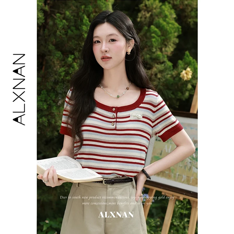 

ALXNAN Striped T-shirt Loose-fit Casual Knitted Short Sleeve T-shirts Women Summer New Elegant Fashion Female Clothing L65327