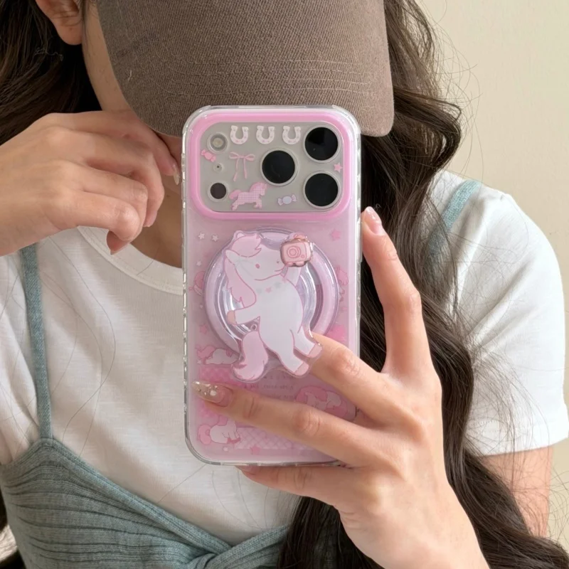 

Kawaii Cartoon Pink Horse Magnetic Phone Case For iPhone 17 Pro 16 15 14 Pro Max Cover with Shaking Holder For Magsafe Cases Fun