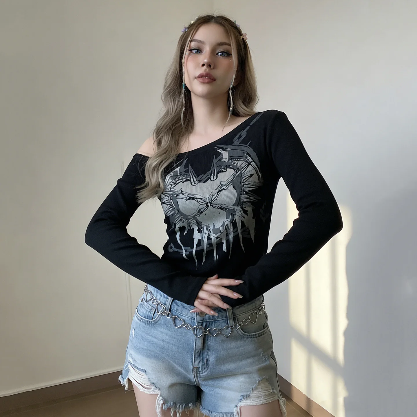 ONE TO WAN Goth Women Print Long Sleeve Pullovers Tops Casual Dark Off Shoulder T-shirts Mall Gothic Teachwear Holloween T-shirt