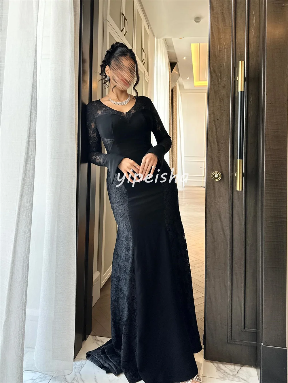 Customized Matching Classic Jersey Lace Mermaid V-neck Long Dresses Bespoke Occasion Dresses Sizes Available High Quality Retro