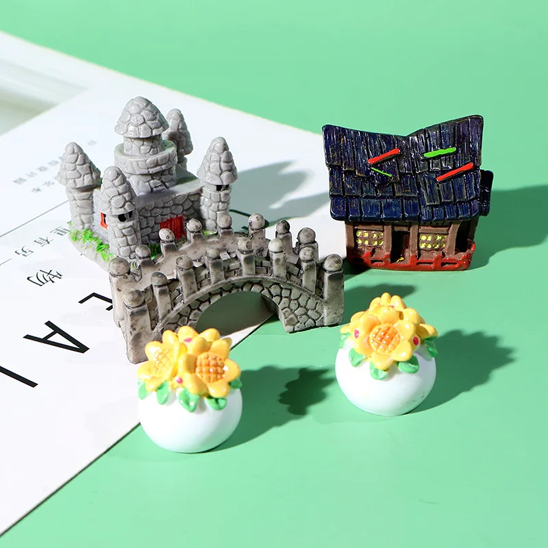 

Best Micro landscape castle arch bridge house sunflower potted diy scene cream glue table decoration