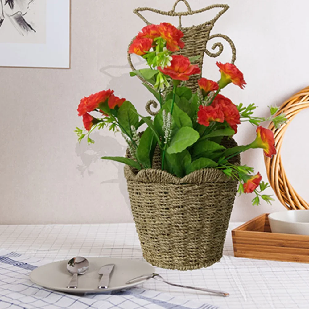 

1Pcs Wall-Mounted Flower Basket Hand-Woven Seaweed Straw Basket Decorative Storage Organizer for Home Room Rustic Farmhouse