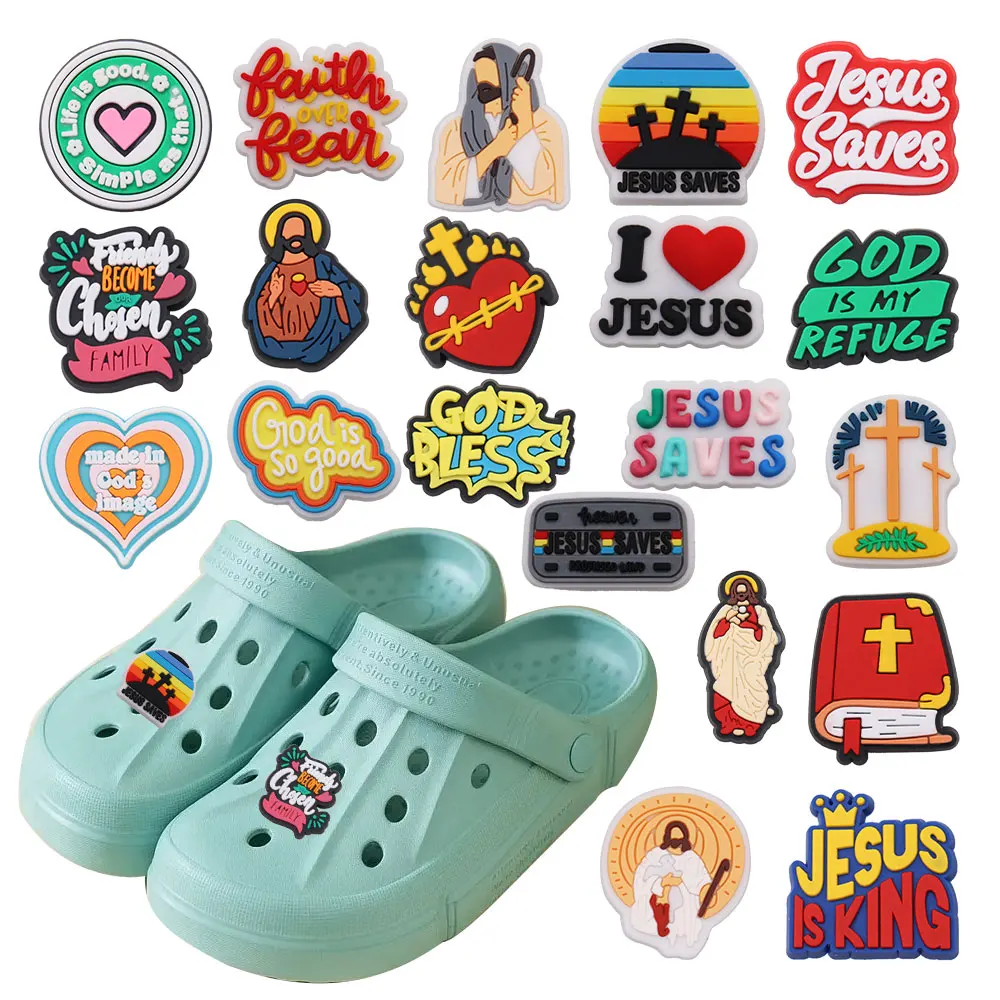 Single Sale 1pcs PVC Shoe Charms Cross Holy Bible Jesus Saves Slipper Accessories Shoes Ornament For Children Birthday Gift