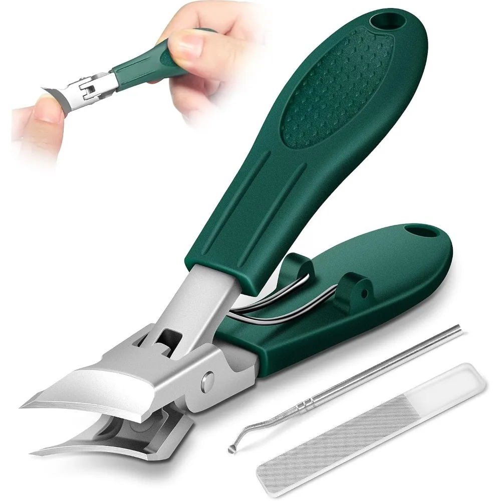 Wide Jaw Opening Anti Splash Stainless Steel Nail Clipper Set Angled Head Long Handle Toenail Clippers for Ingrown Thick Nails Men and Women