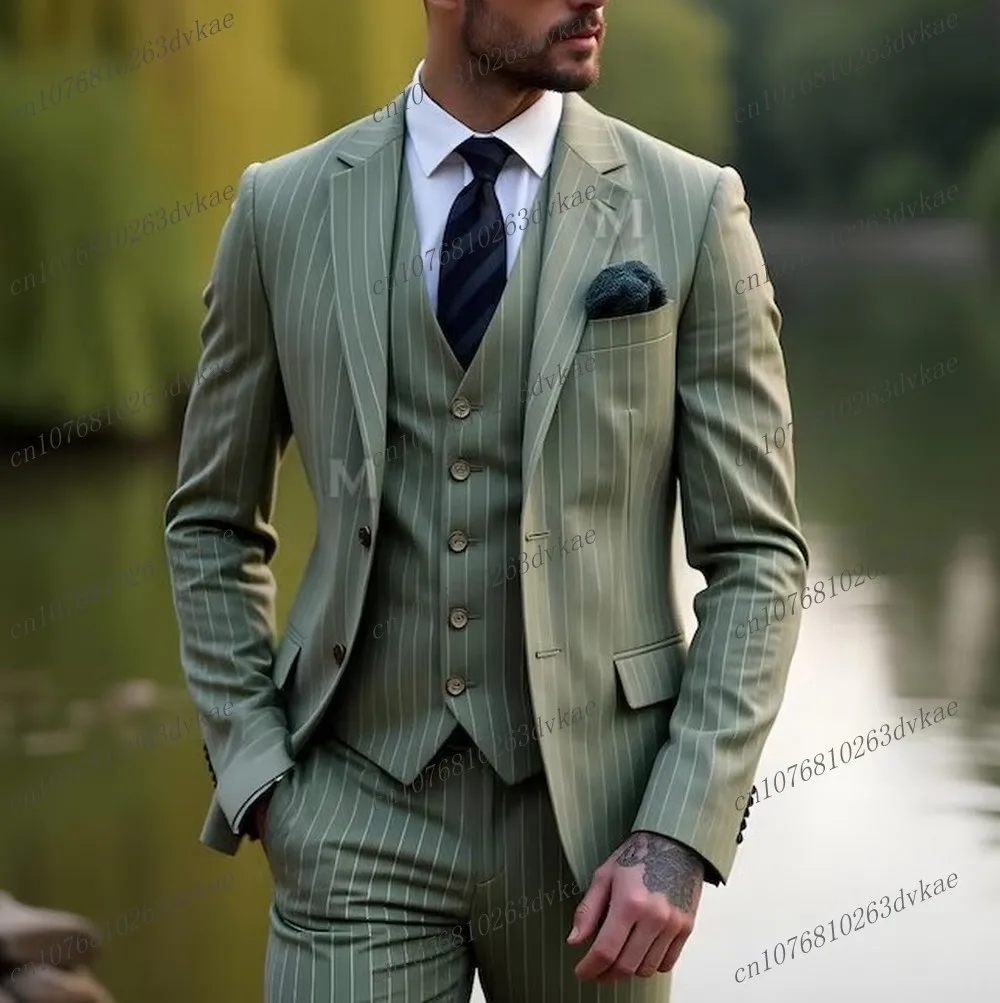 

Mint Green Elastic Stripe Men Business Suit Groom Groomsman Wedding Party Formal Prom Male Tuxedos 3 Piece Set Blazer Vest Pants