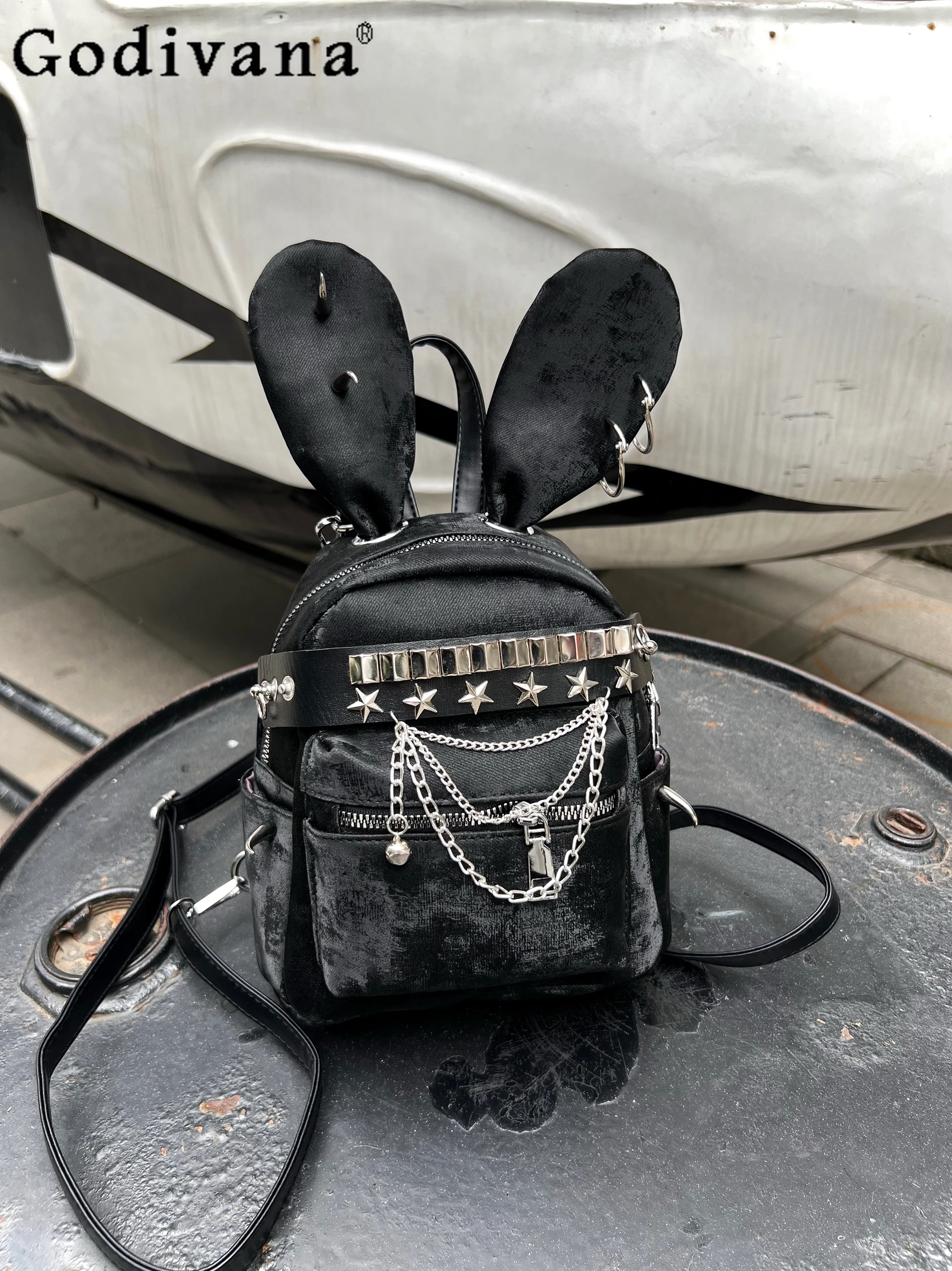 

Y2K Subculture Original Japanese Punk Dark Rivet Backpack Sweet Cool Hot Girl Cartoon Bunny Ears Versatile Commuter School Bag