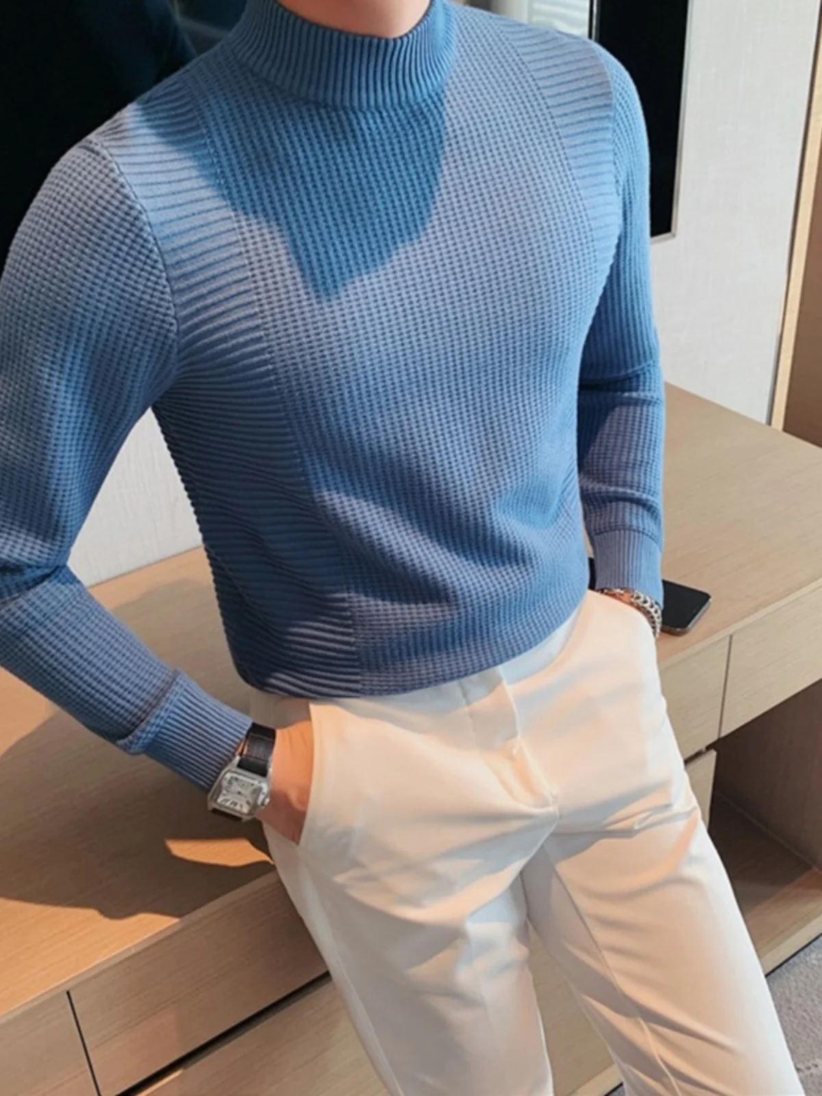 

Мужской вязаный свитер Slim Fit с высоким воротником, повседневный базовый слой, модный деловой топ, весна-осень, для активного образа жизни молодежи