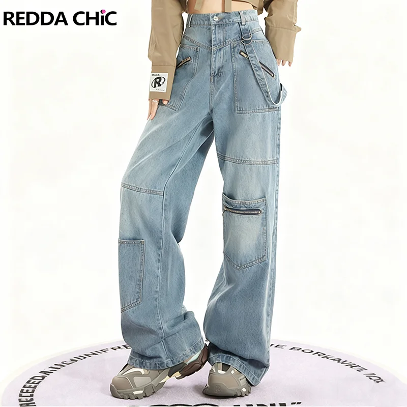 

REDDACHIC Multi-pocket Cargo Pants for Man Plus Size Zipper Decor Loose Casual Straight Wide Leg Baggy Jeans Hiphop Streetwear