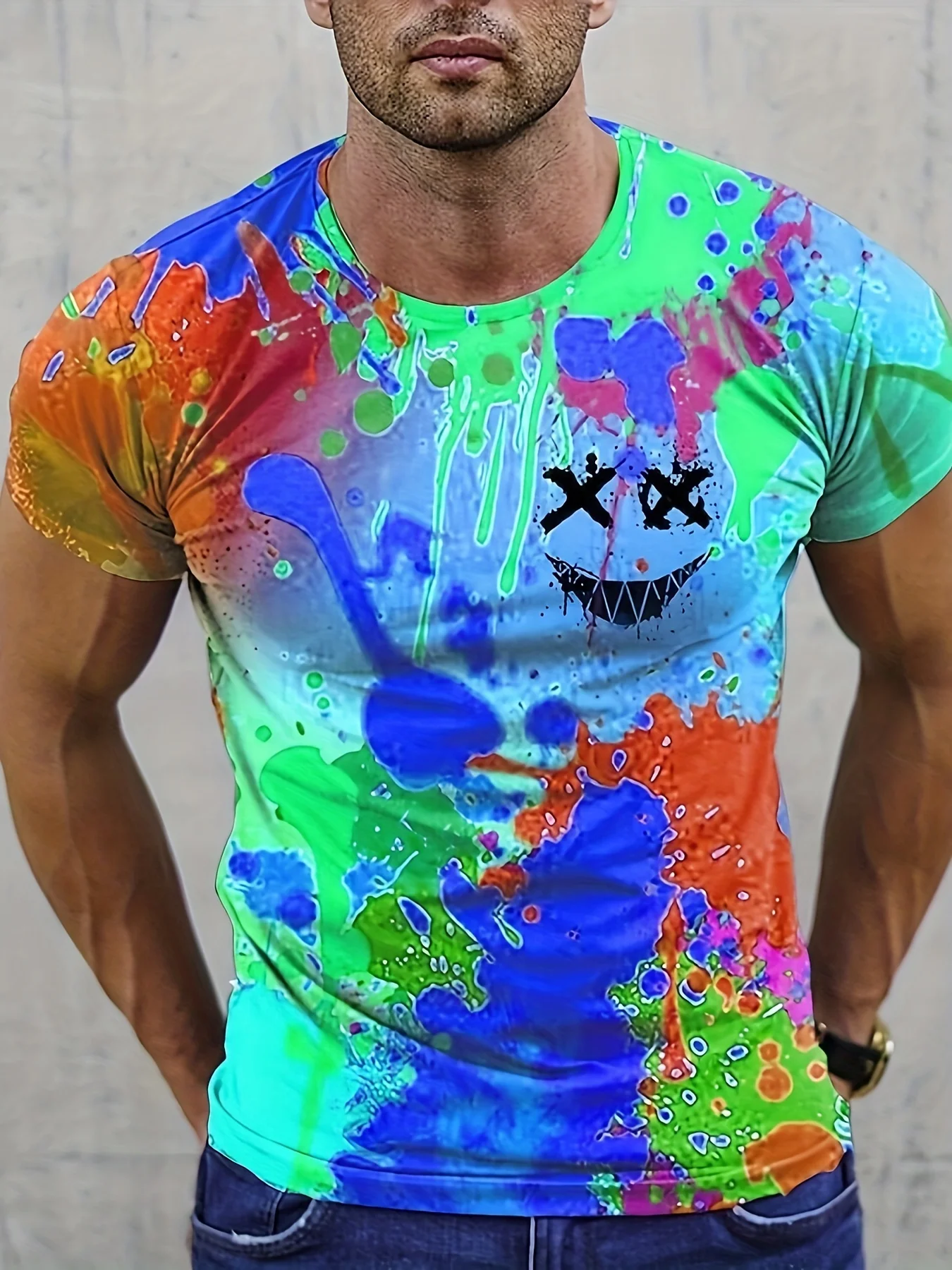 Men's and women's summer fashion 3D printing oil splash printing T-shirt casual polyester round neck casual short sleeve