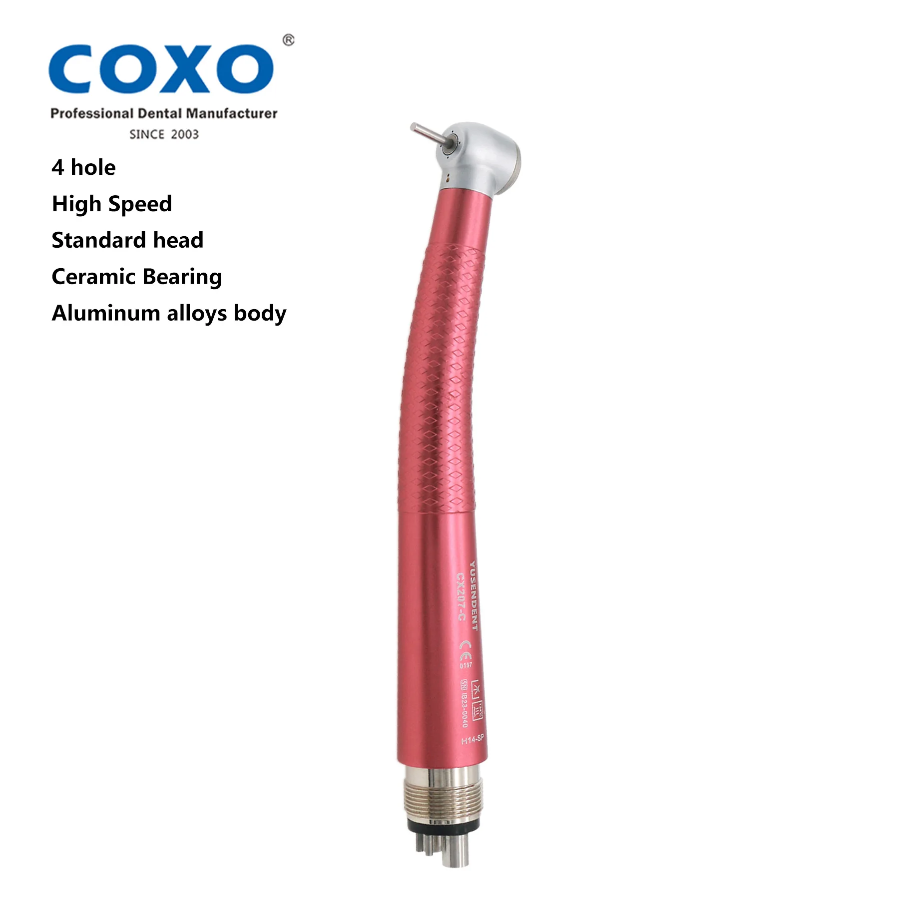 COXO YUSENDENT CX207 Dental 4 Holes Red High Speed Turbine Handpiece Push Button Standard Head Ultra Light