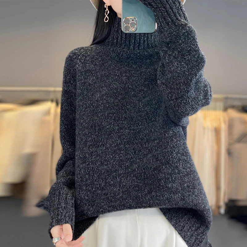 Nieuwe release: 100% merinowol gebreide trui dames hoge kraag trui casual losse tops mode Koreaanse dameskleding