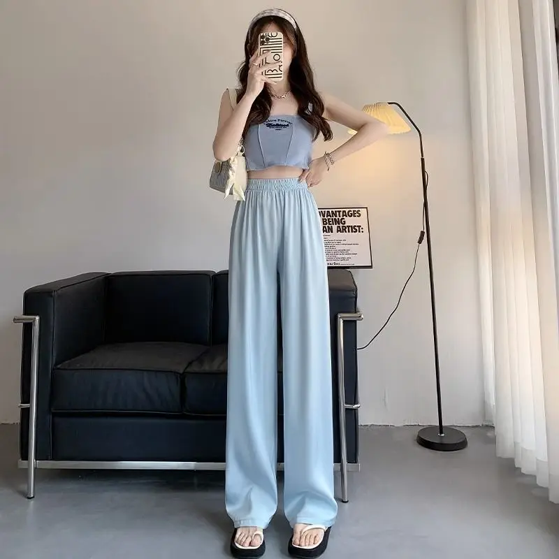 

Summer thin women's green acetate wide-leg pants, high-waisted, drapey, loose, sunscreen satin casual pants, ice silk straight-l