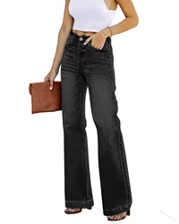 High Waist Straight Leg Jeans Blue Black Denim Pants Trousers Loose Micro Flared Denim Pants Female Commuter Casual Trousers