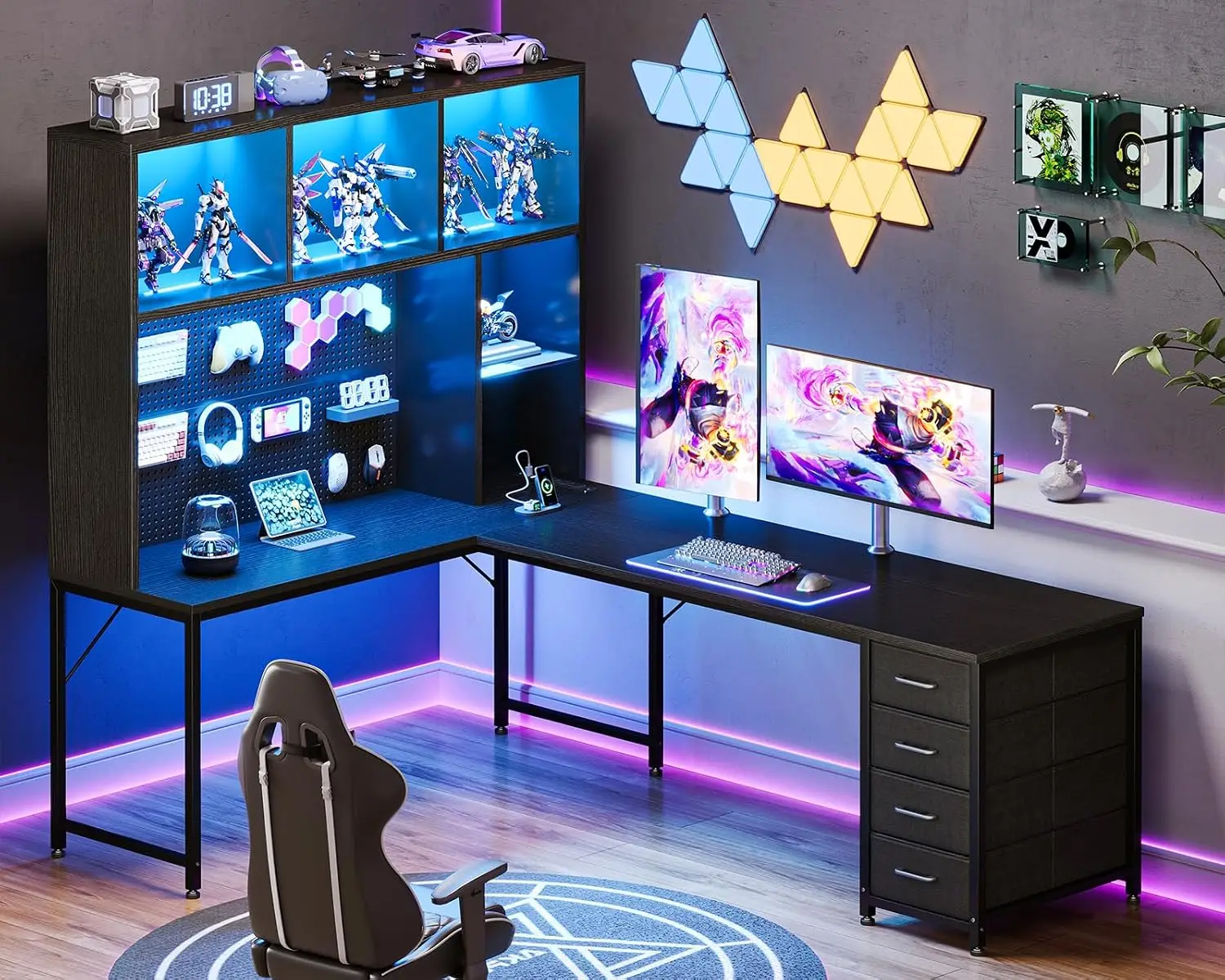L Shaped Gaming Desk with Hutch Pegboard Shelves 4 Drawers LED Light Power Outlets Reversible 63