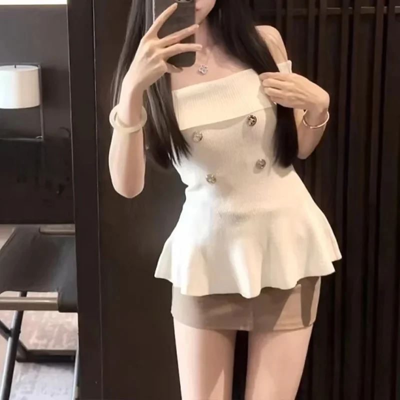 Women Clothing One-shoulder Solid Ruffles Slim Elasticity Tanks Top Summer Kroean Fashion Solid Sweet Chic Button Camisole Tops