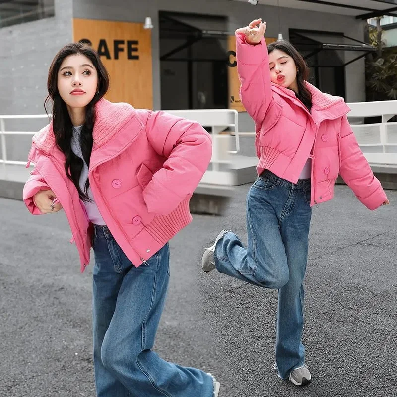 여성 겨울 코튼 패딩 자켓 캐주얼 모조 목 두꺼운 포켓 다운 코트 루즈 지퍼 버튼 짧은 단순 따뜻한 카디건 코트