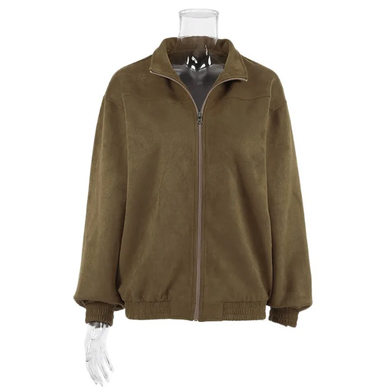 Jaqueta de camurça falsa de toque macio para mulheres outono estilo rua zíper outerwear com gola relaxada ajuste para uso diário ou de viagem