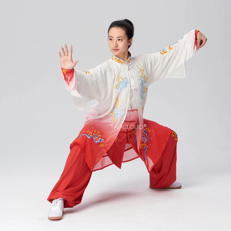 Women's Gradient Tai Chi Suit Set: Embroidered Auspicious Clouds, 3-Piece with Cape for Group Performance & Competition