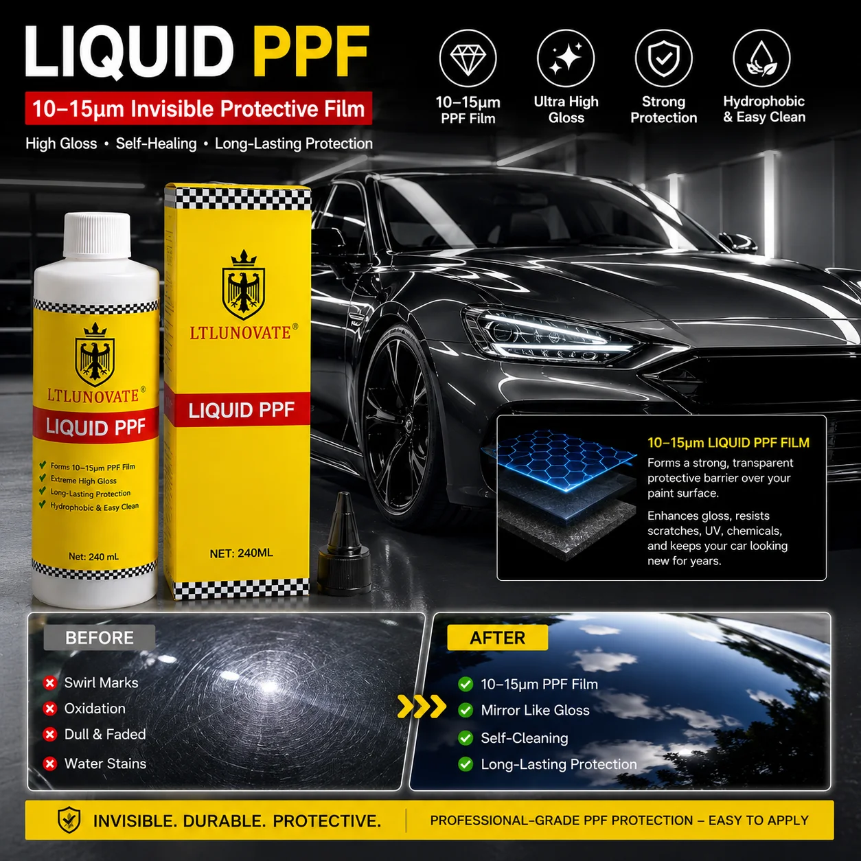 LTLUNOVATE Liquid PPF Car Paint Protection Coating 250ml 10-15um Protective Film High Gloss Hydrophobic UV Chemical Resistant