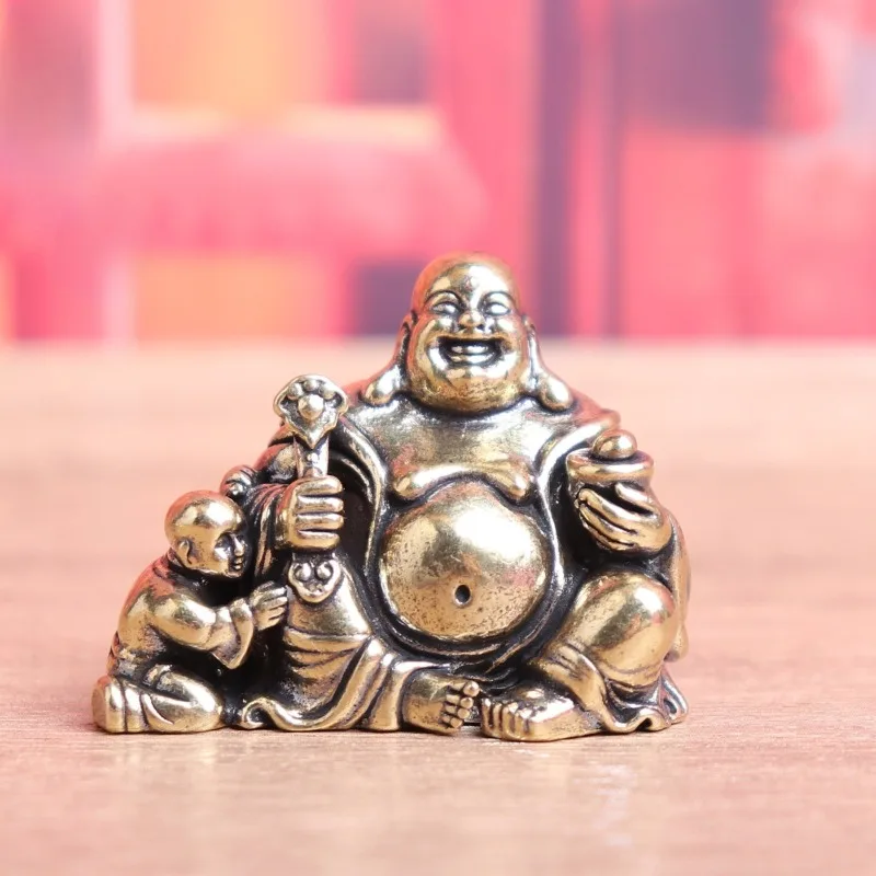 Vintage Brass Maitreya Buddha Figurine, Traditional Chinese Laughing Buddha Statue With Kid, Desktop Tea Pet Ornament