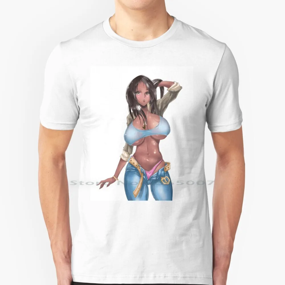 Gyaru T Shirt 100% Cotton Gyaru Oppai Hentai Ecchi Boobs Cleavage Dark Skin Black Waifu Anime Manga Panties Lewd Big Size 6xl