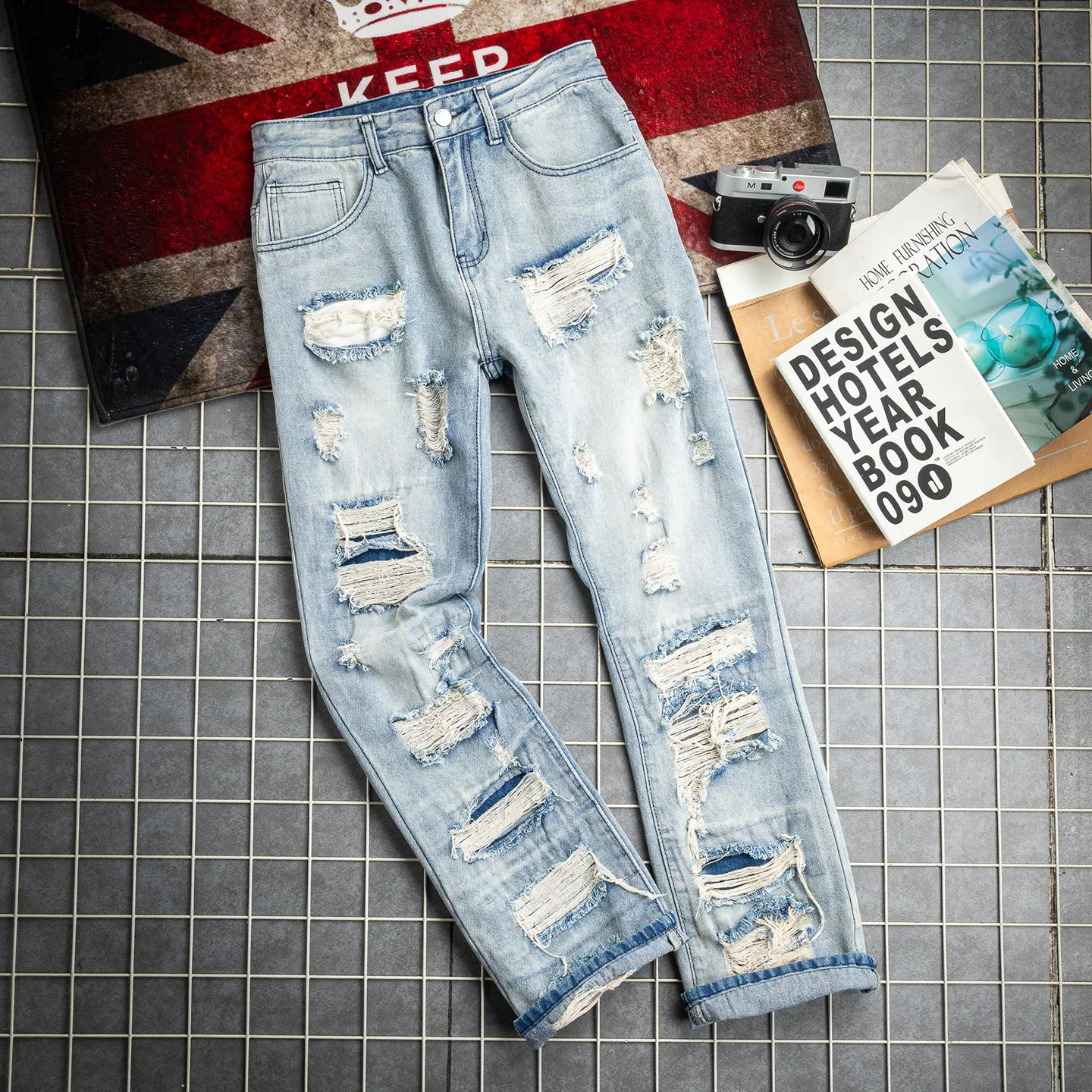 

American Sle Men's Straight Leg Jeans Hole Punching Ripped Loose Fit High Street Sle Winter Cotton Denim Pants