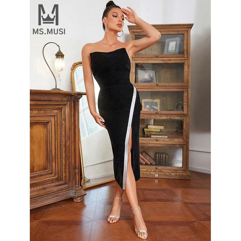 

MSMUSI 2024 New Fashion Women Sexy Solid Strapless Sleeveless Backless Bodycon Party Club Event Slit Slim Midi Dress Vestidos