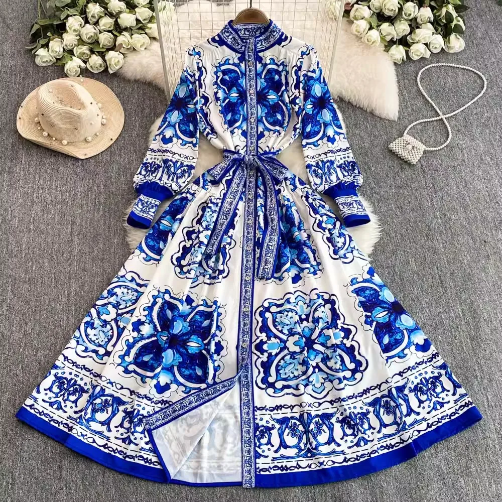 

Autumn Runway Blue And White Porcelain Print Maxi Dress Women's Stand Collar Long Lantern Sleeve Single Breasted Lace Up Vestido