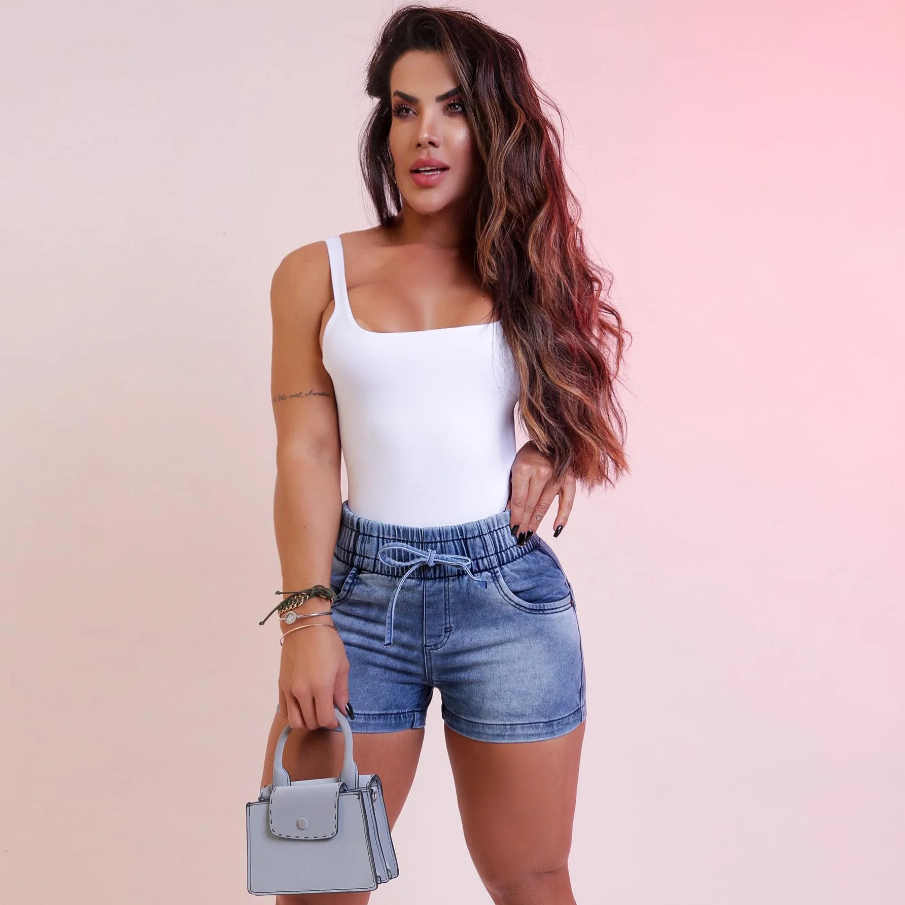 Fashion Slim Summer New Denim Shorts Women's High Waist Elastic Waist Lace-up Hot Pants Shorts Women