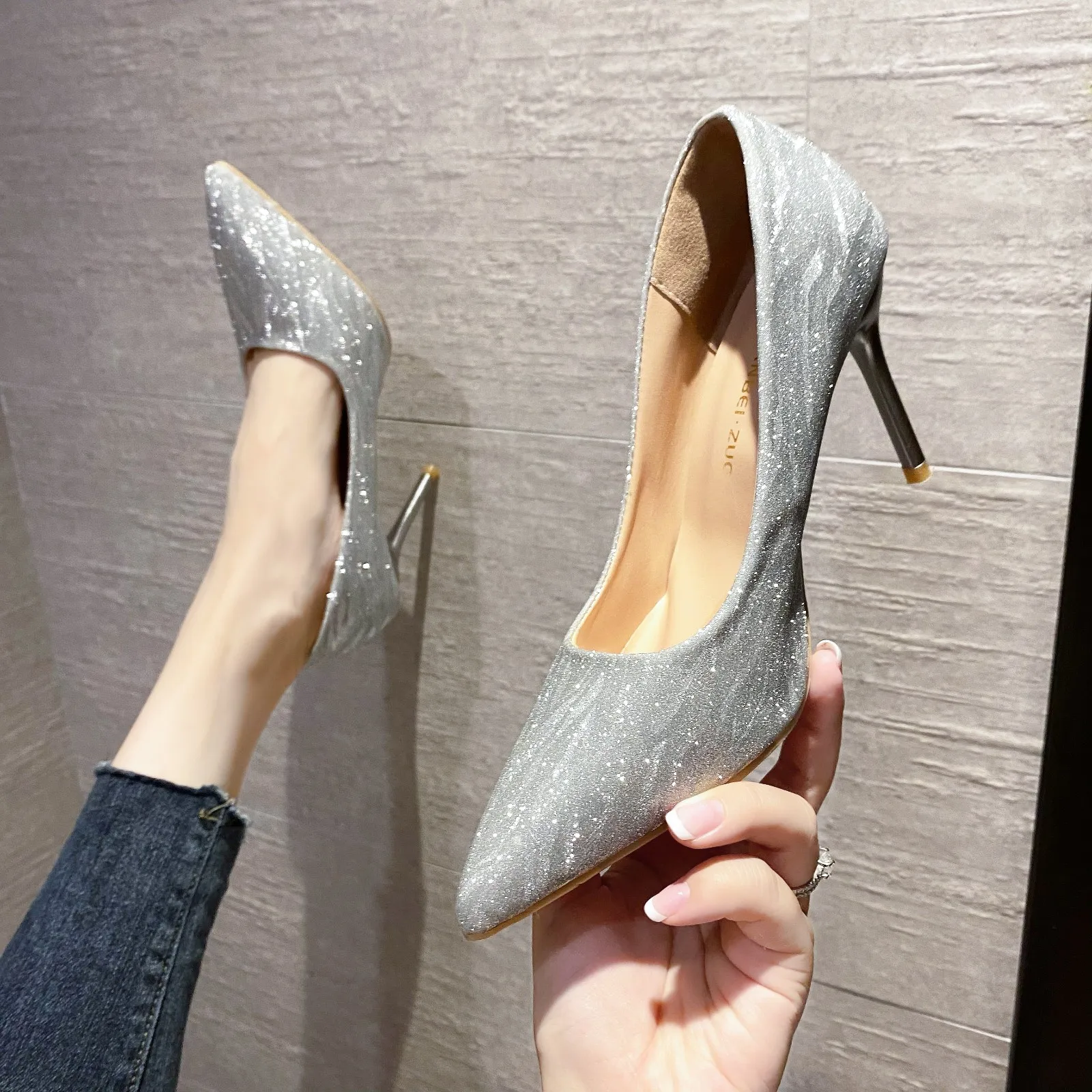 New Woman Pumps Silver Champagne High Heels Stiletto Wedding Shoes Sequins Women Heels Fashion Ladies Dress Party Shoe