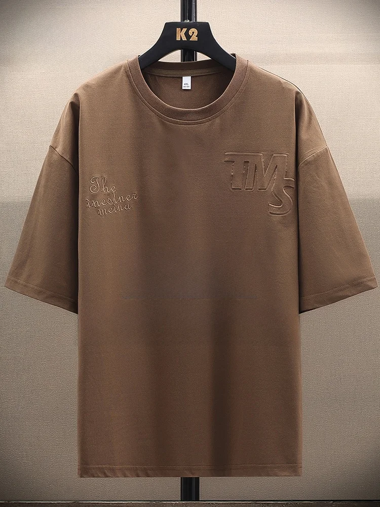 

Mo Cha Trendy Brand Loose Fit ort Sve T-irt Men's Summer New Sle Casual Simple Steel Stamp Print Breathable Polyester