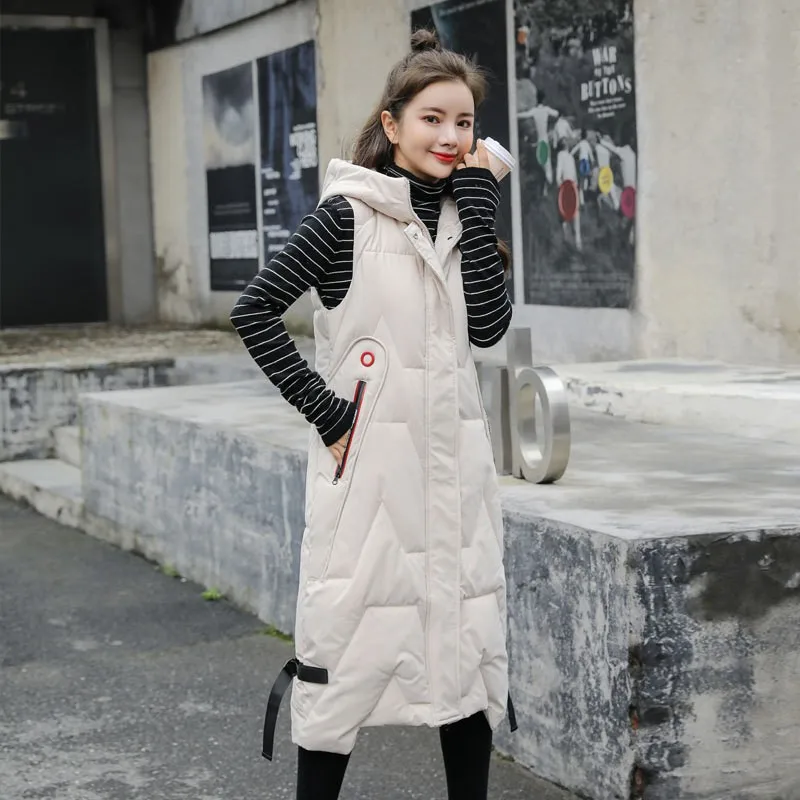 Luxus geste ppte lange Weste schlanke Kapuze ärmellose Strickjacke Parkas Tasche warm verdicken Puffer Jacke Vestes Mujer Casual Mäntel neu