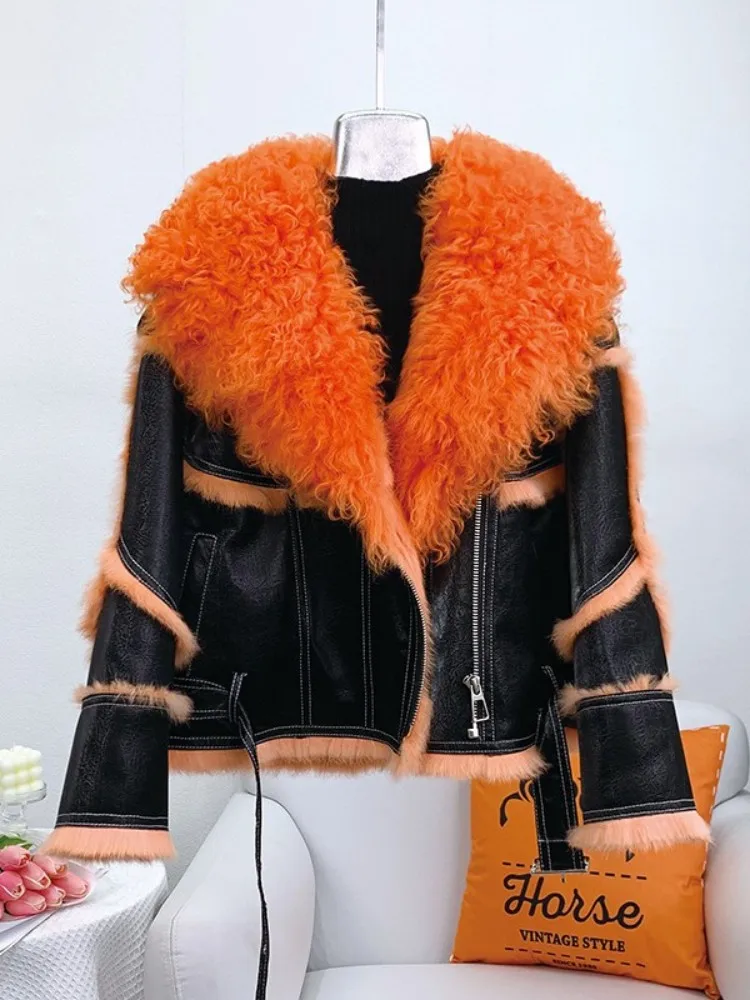 Women Luxury Splicing Sheep Wool Collar Punk Real Rabbit Fur Lining Short Coat Winter High Street Thick Warm Faux Leather Jacket