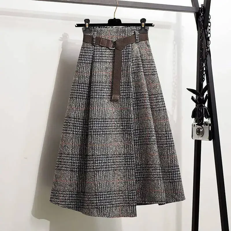 2025 New Autumn Winter Women's Long Skirts Elegant Streetwear Irregular Plaid Skirt Woman Fashion with Belt A-Line Skirts New