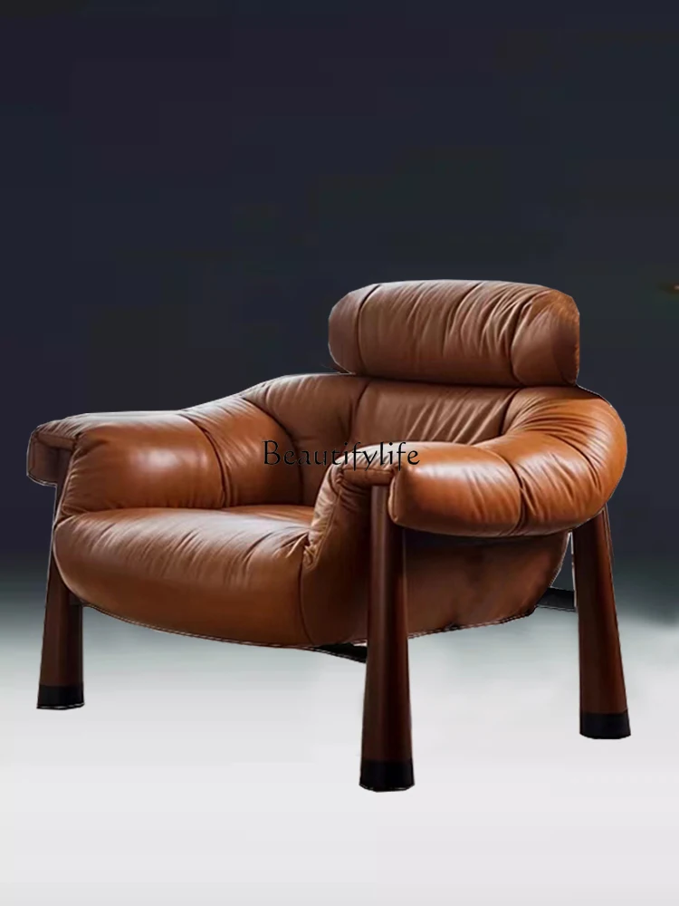 

Chinese Style Italian Style First Layer Cowhide Retro Recliner Living Room Balcony Leisure Single