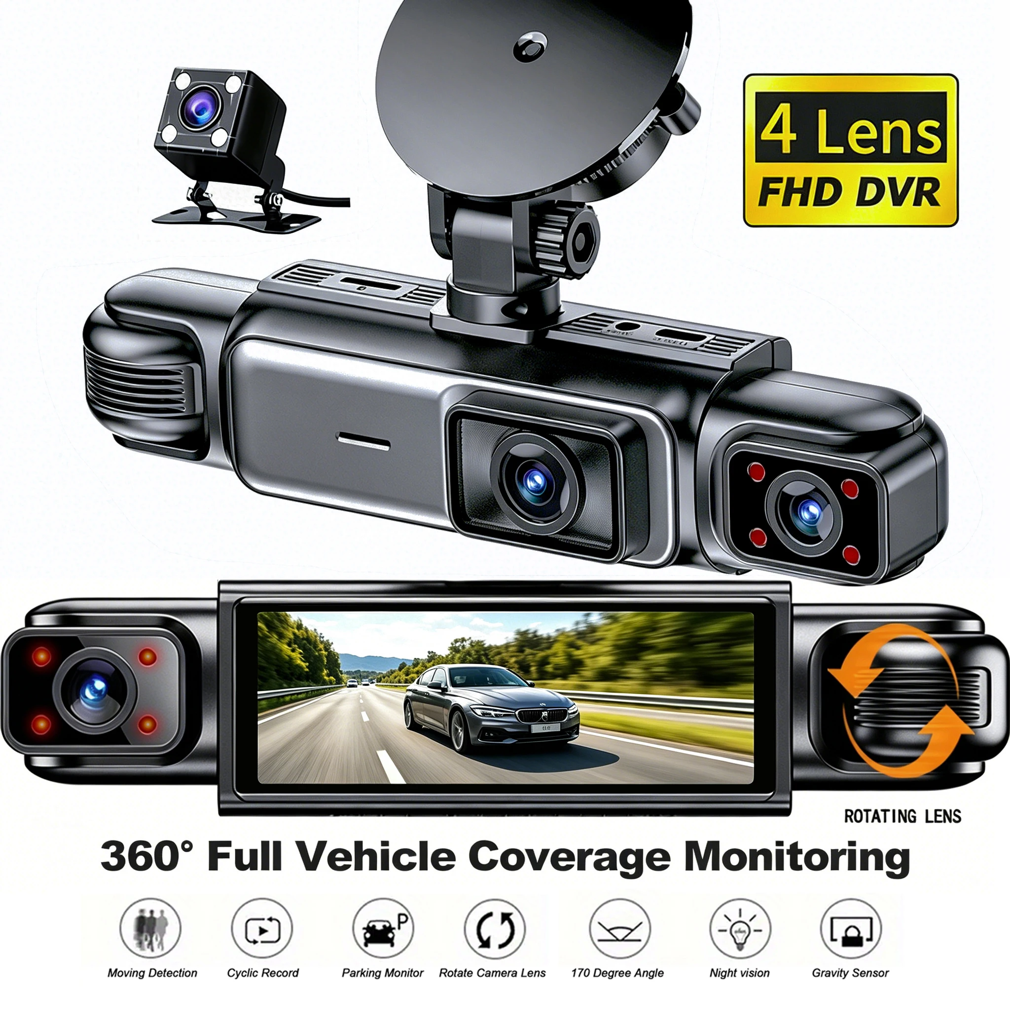 ETYMOOFOX 360° Dashcam 1080P Front + 720P Other Lenses with Night Vision, Loop Recording, G-Sensor, 24h Parking Monitor