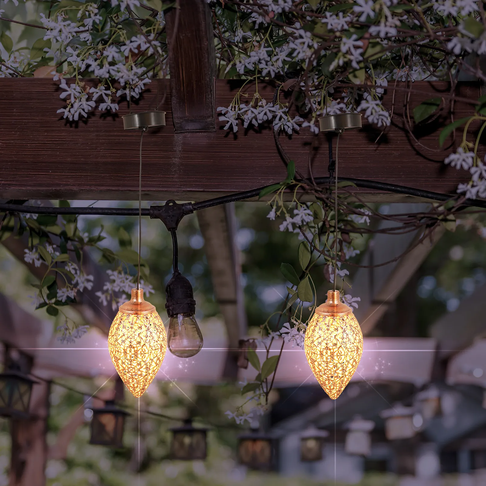 Lawn Light Outdoor Solar Lights Hollow Garden Iron Decoration Hanging Rose Gold Patio Powered